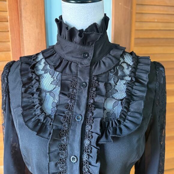 Gothic Victorian EGL Broody Afternoons High Neck Lace Sleeve Shirt S - Picture 2 of 8